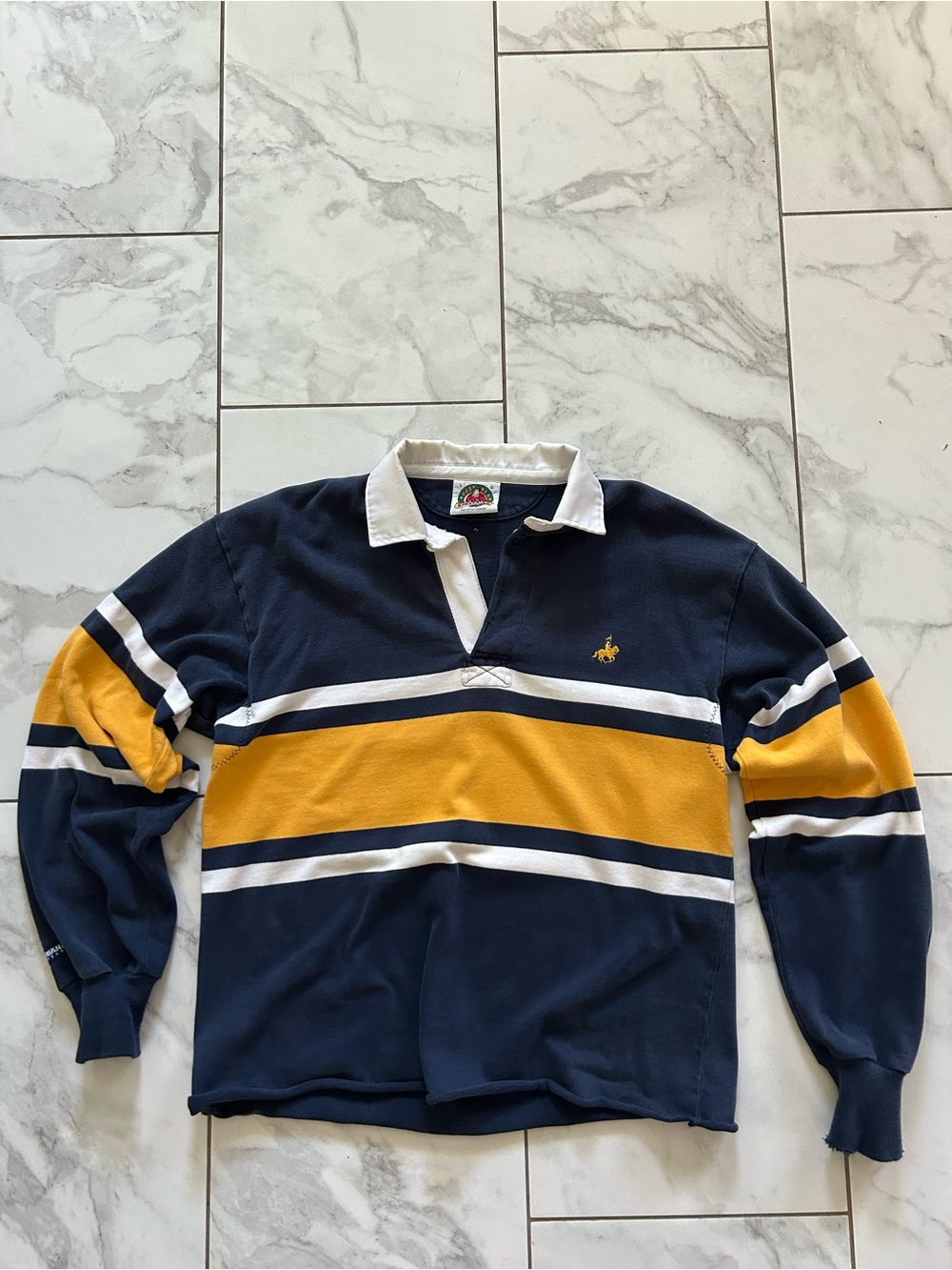 Vintage Navy & Yellow Striped Rugby Polo Collared Cropped Shirt Barbarian Rugby